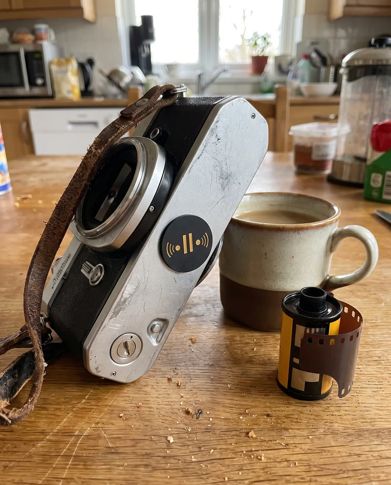 A film camera on a kitchen table, a Seal on its body