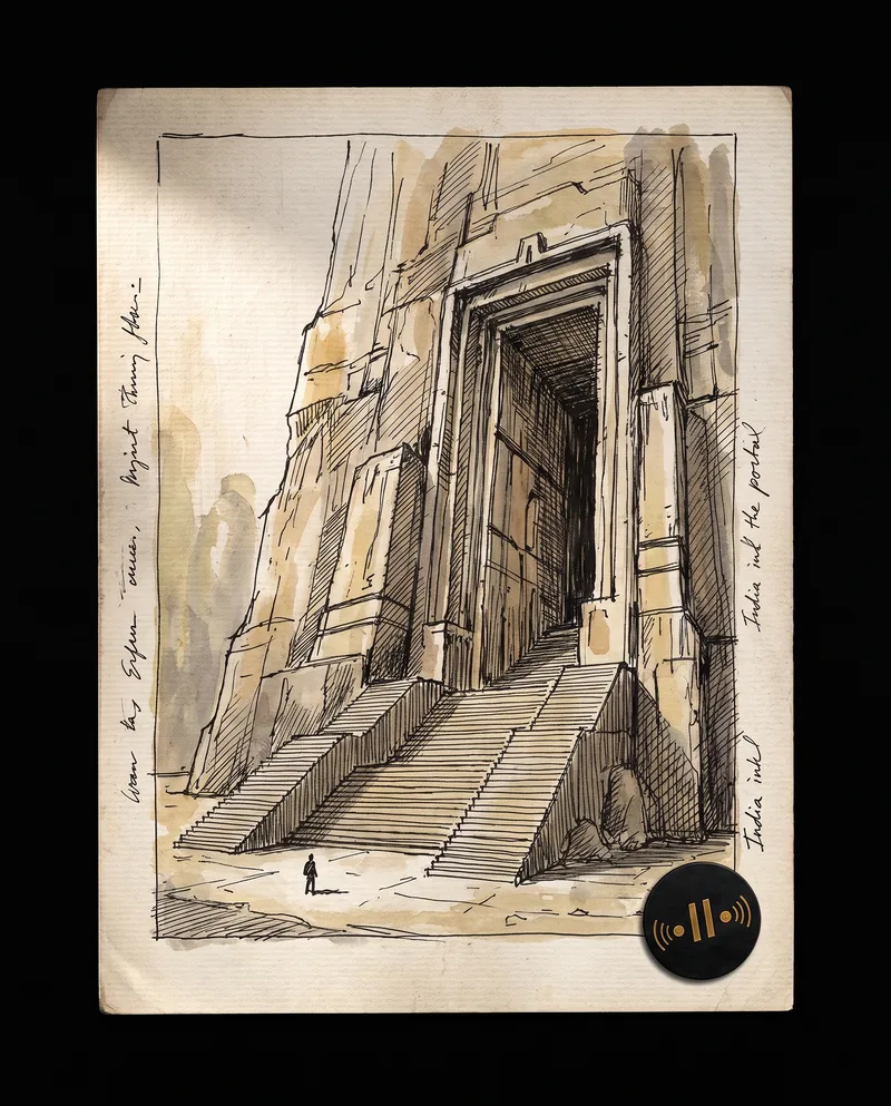 An original sketch of a carved portal, its Seal in the corner
