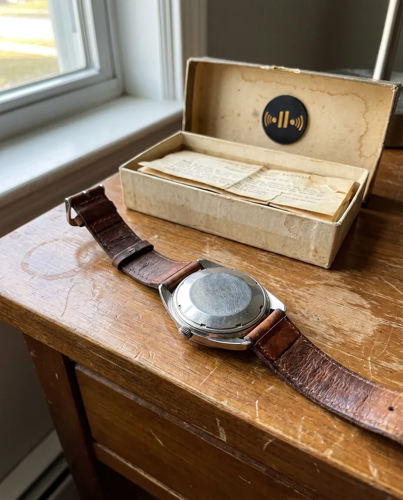 A vintage wristwatch next to its original box, a Seal inside the lid